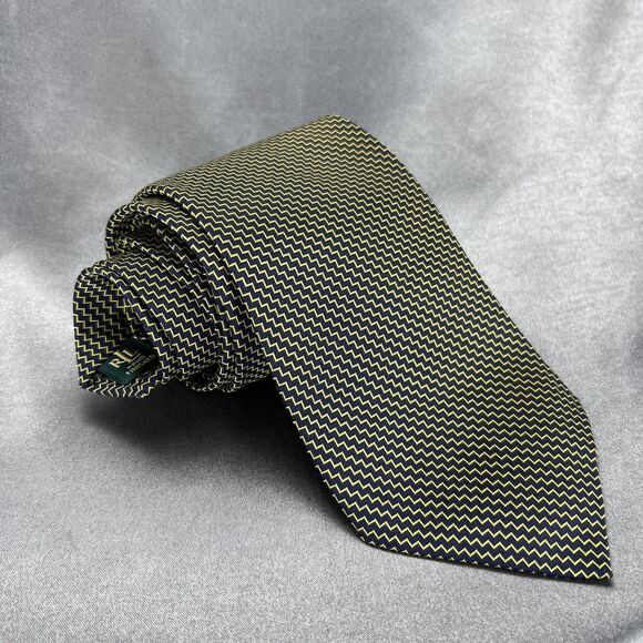 VTG Ralph Lauren 100% Silk Tie Gold Black Zig Zag Handmade USA Repp Necktie Prom - Picture 3 of 10